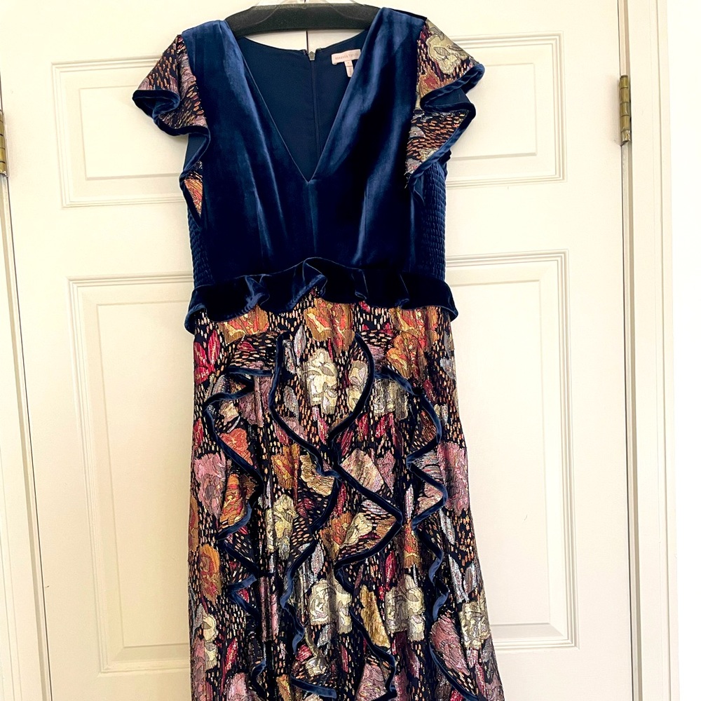 Rebecca Taylor blue velvet gold metallic flutter maxi gown